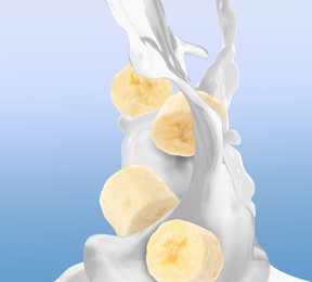 Image of Milkshake with banana slices on blue gradient background