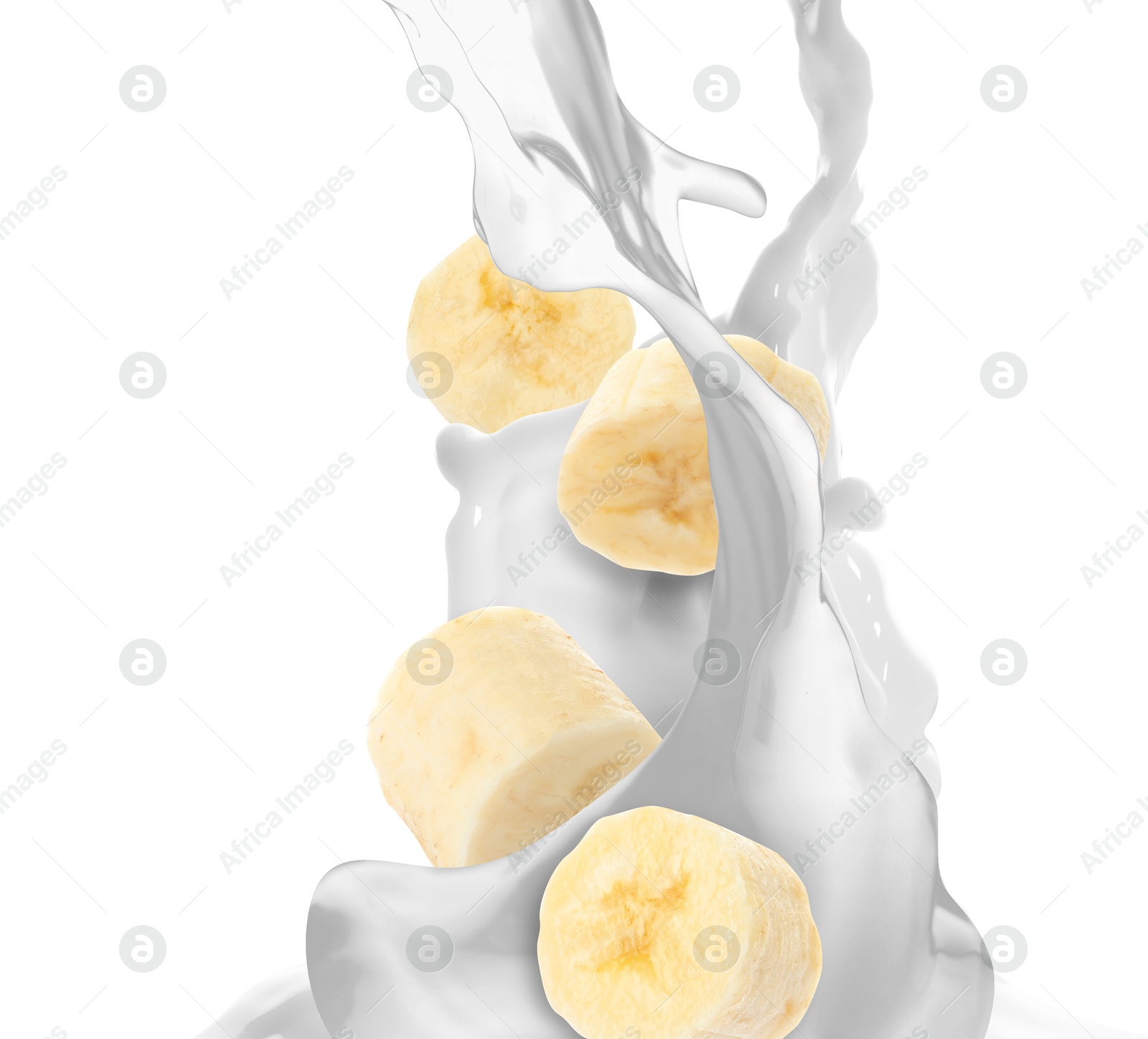 Image of Milkshake with banana slices on white background