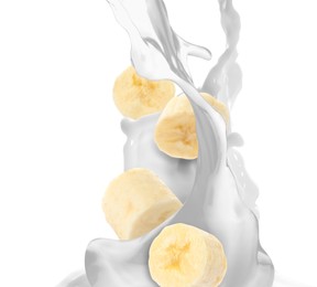 Image of Milkshake with banana slices on white background