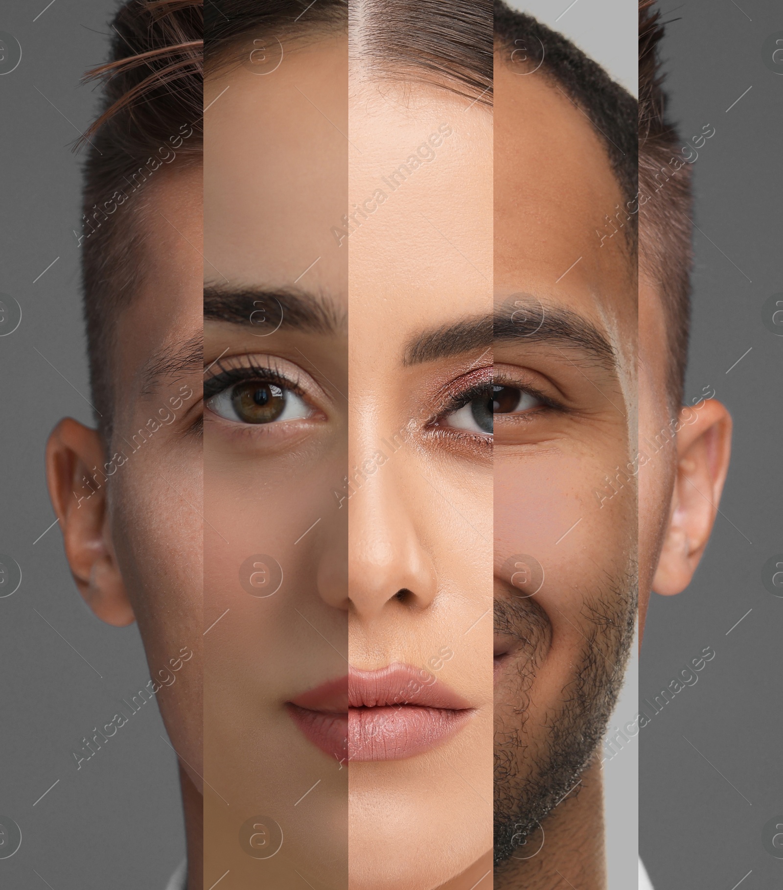 Image of Human face made of photos of different people. Collage of portraits of men and women of various ages. Unity, equality or uniqueness concepts