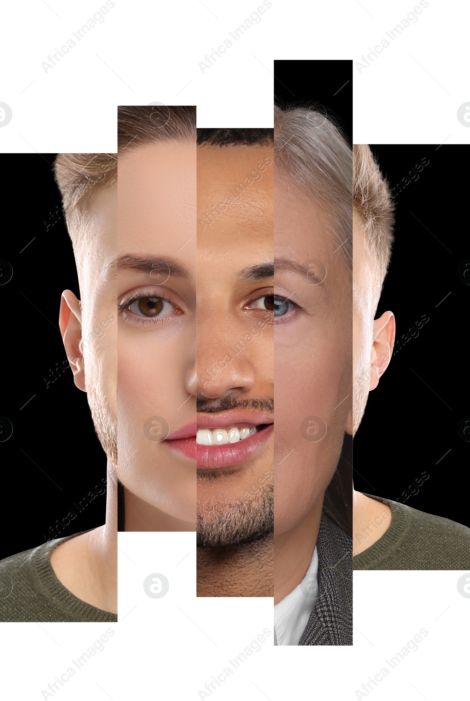 Image of Human face made of photos of different people. Collage of portraits of men and women of various ages. Unity, equality or uniqueness concepts