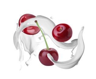 Image of Milkshake with fresh cherries on white background