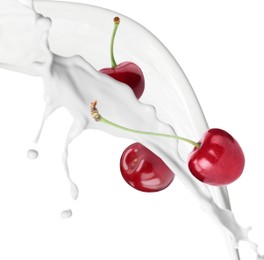 Milkshake with fresh cherries on white background