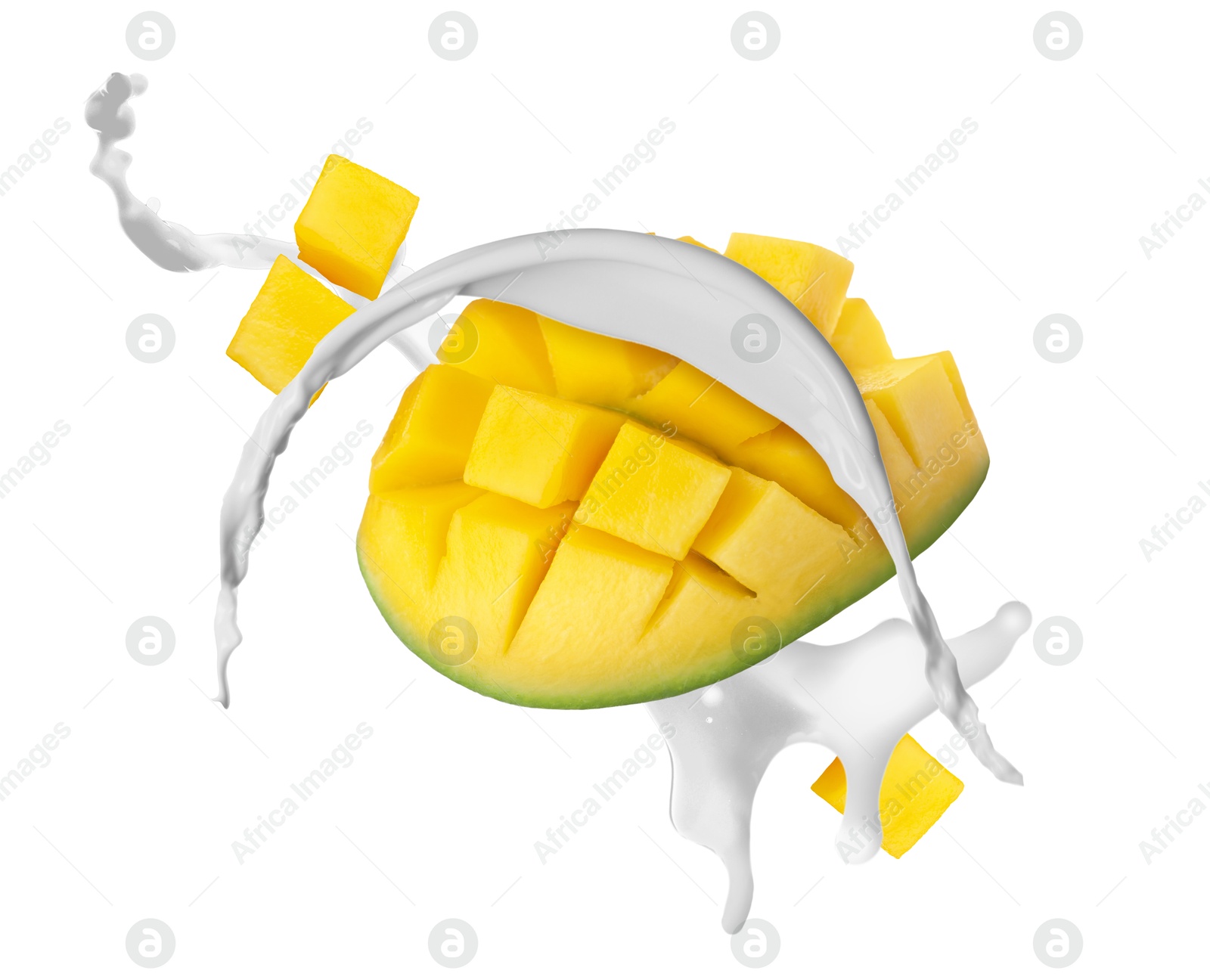 Image of Milkshake with fresh sliced mango on white background