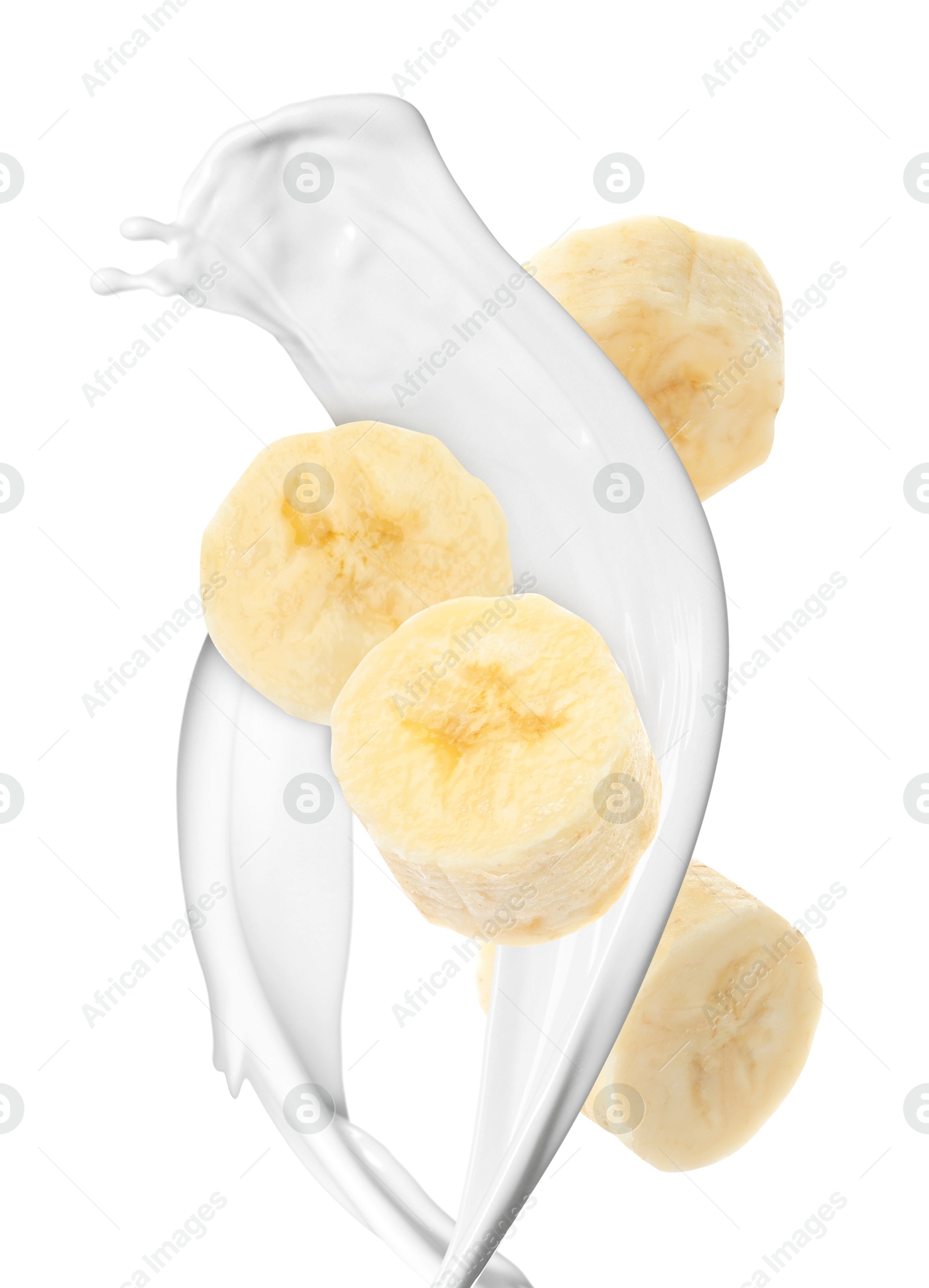 Image of Milkshake with banana slices on white background