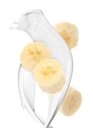 Image of Milkshake with banana slices on white background