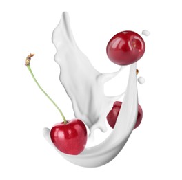 Image of Milkshake with fresh cherries on white background