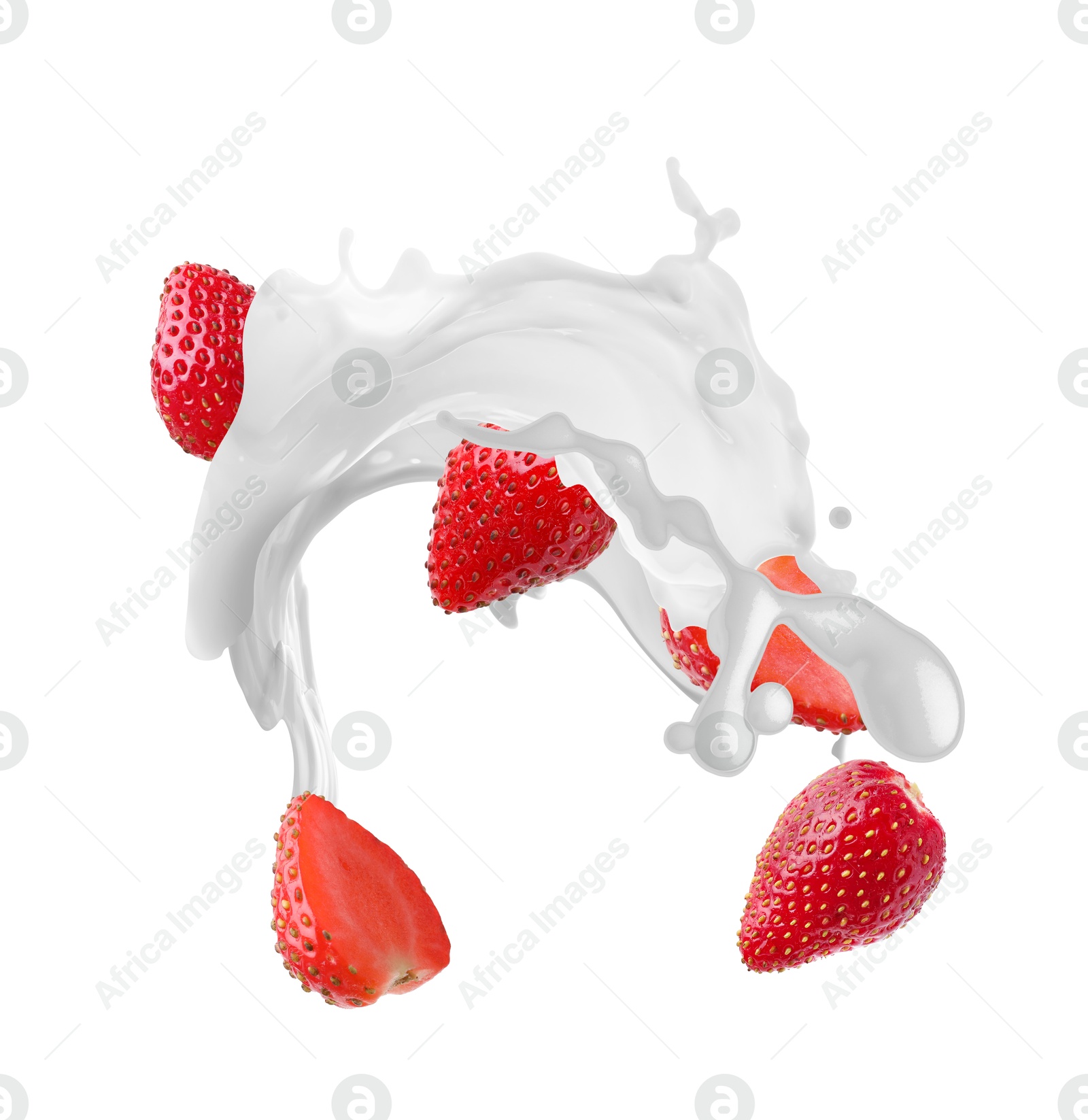 Image of Milkshake with fresh strawberries on white background