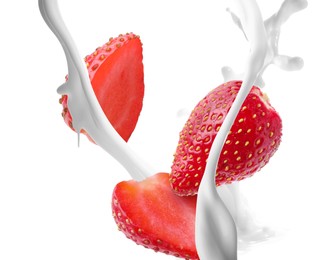 Image of Milkshake with fresh strawberries on white background