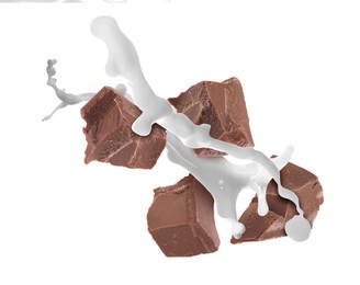 Image of Milkshake with pieces of chocolate on white background