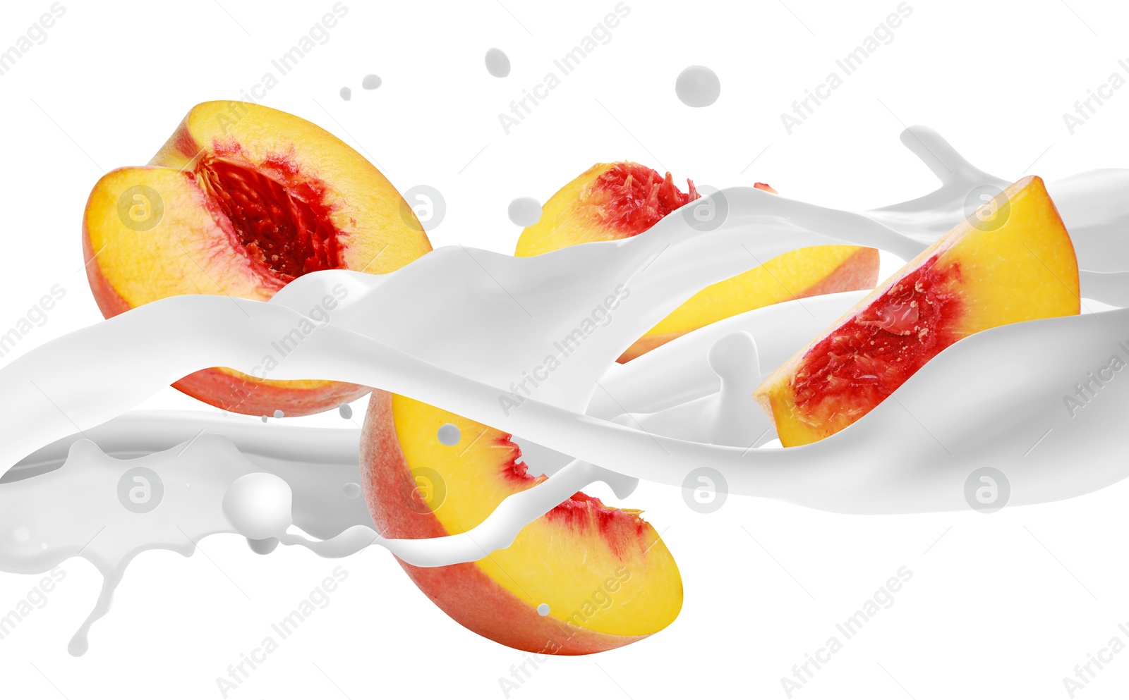 Image of Milkshake with fresh peach pieces on white background