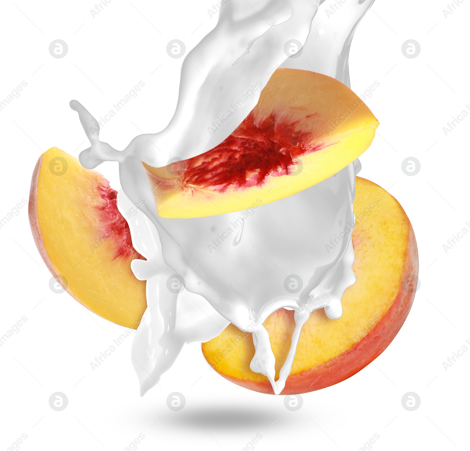 Image of Milkshake with fresh peach pieces on white background