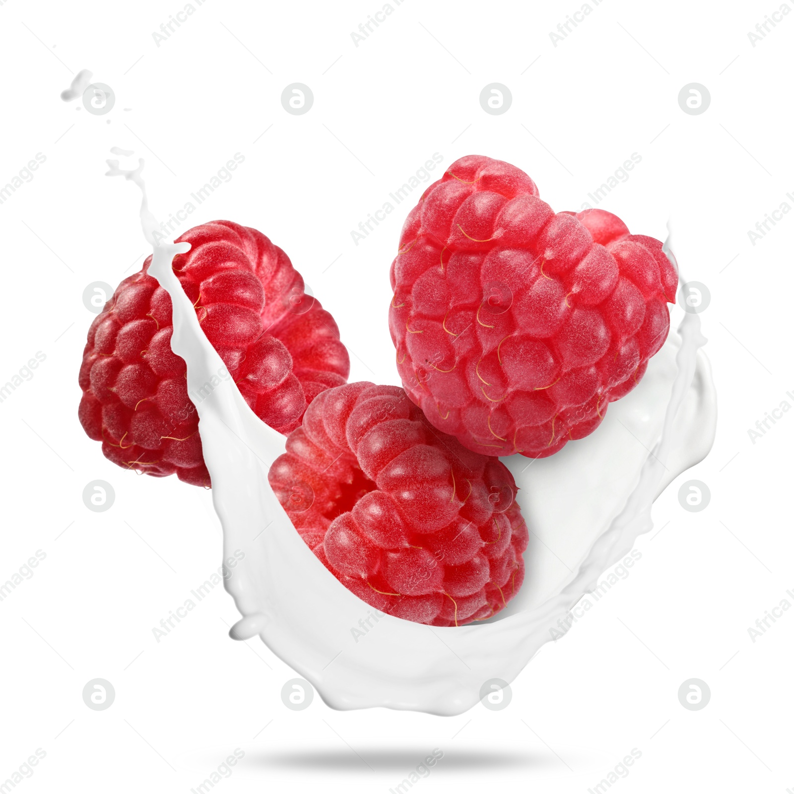 Image of Milkshake with fresh raspberries on white background