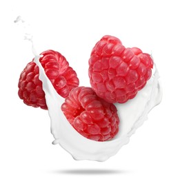 Image of Milkshake with fresh raspberries on white background