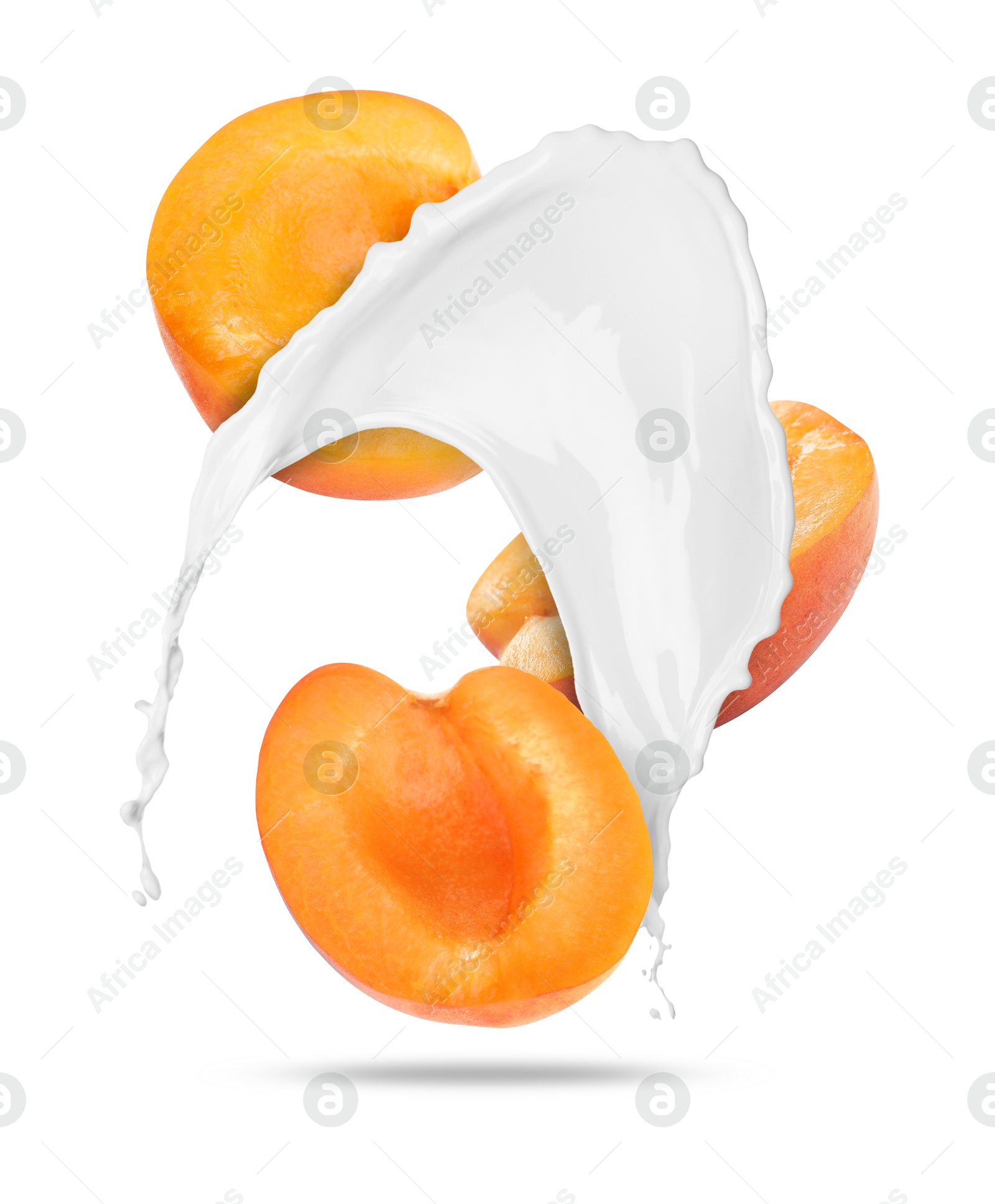 Image of Milkshake with fresh apricot pieces on white background