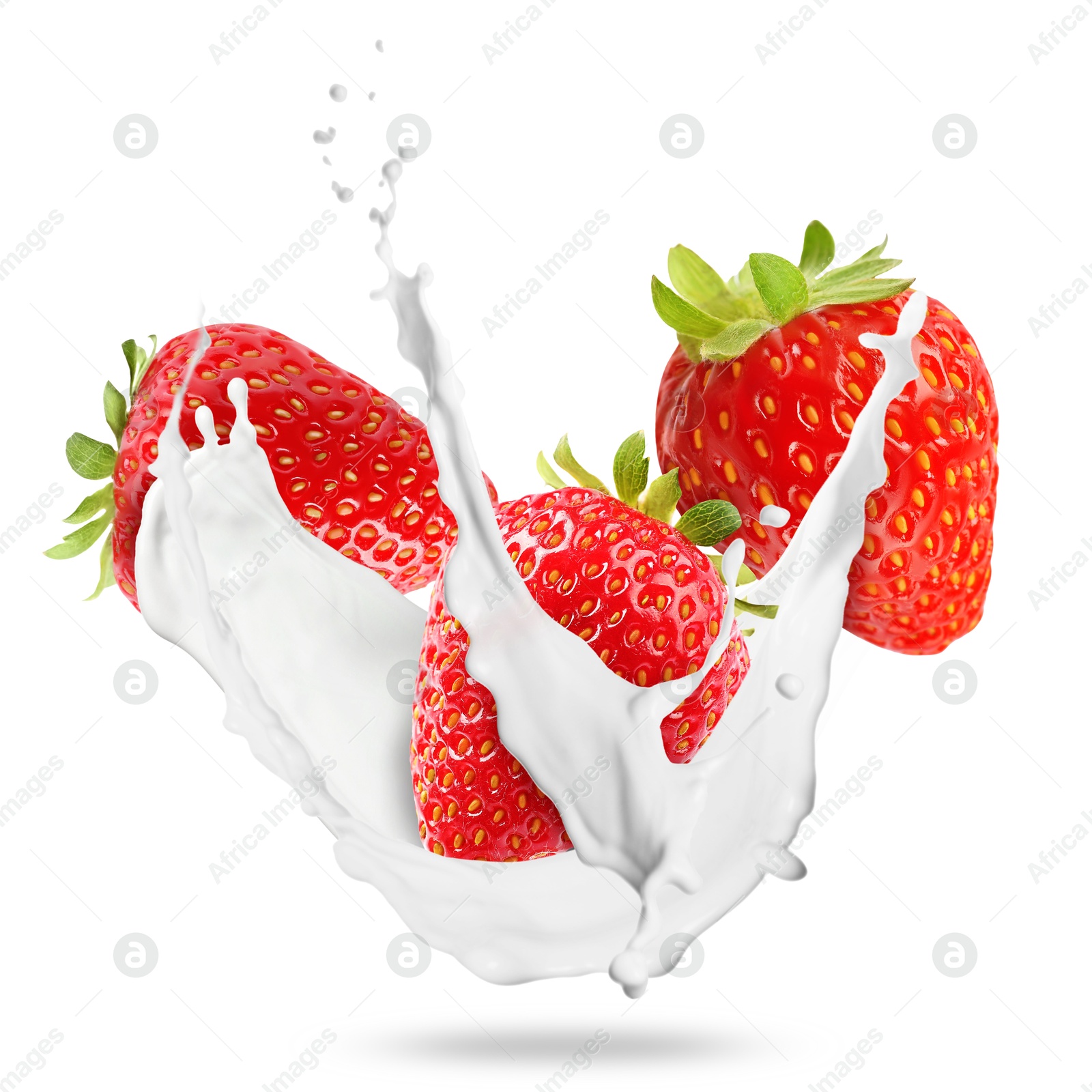 Image of Milkshake with fresh strawberries on white background