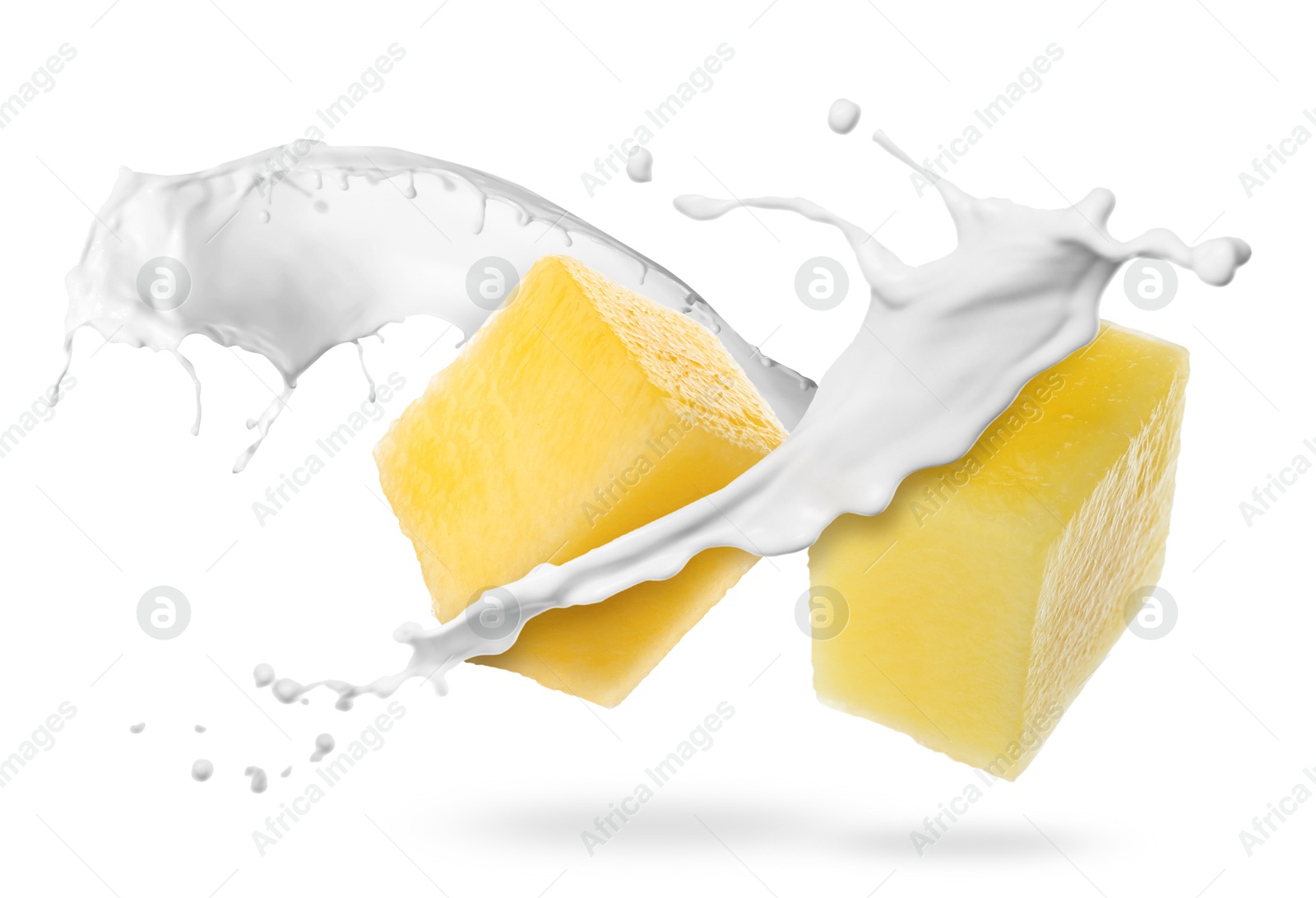 Image of Milkshake with fresh mango pieces on white background