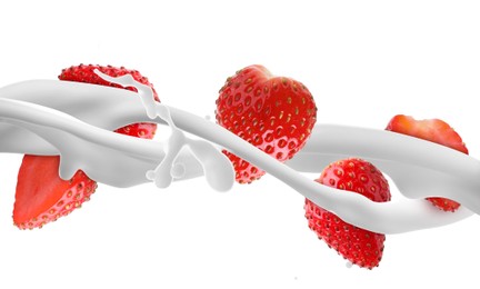 Image of Milkshake with fresh strawberries on white background