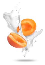 Image of Milkshake with fresh apricot pieces on white background