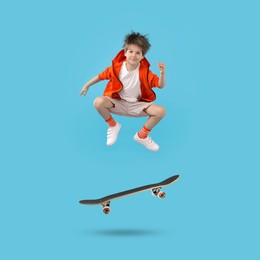 Image of Cute little boy with skateboard in air on light blue background. Performing trick