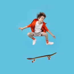 Cute little boy with skateboard in air on light blue background. Performing trick