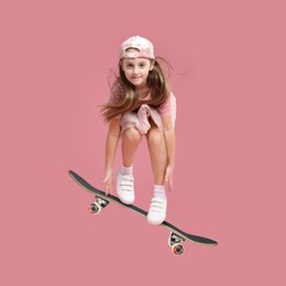 Image of Cute little girl with skateboard in air on pink background. Performing trick