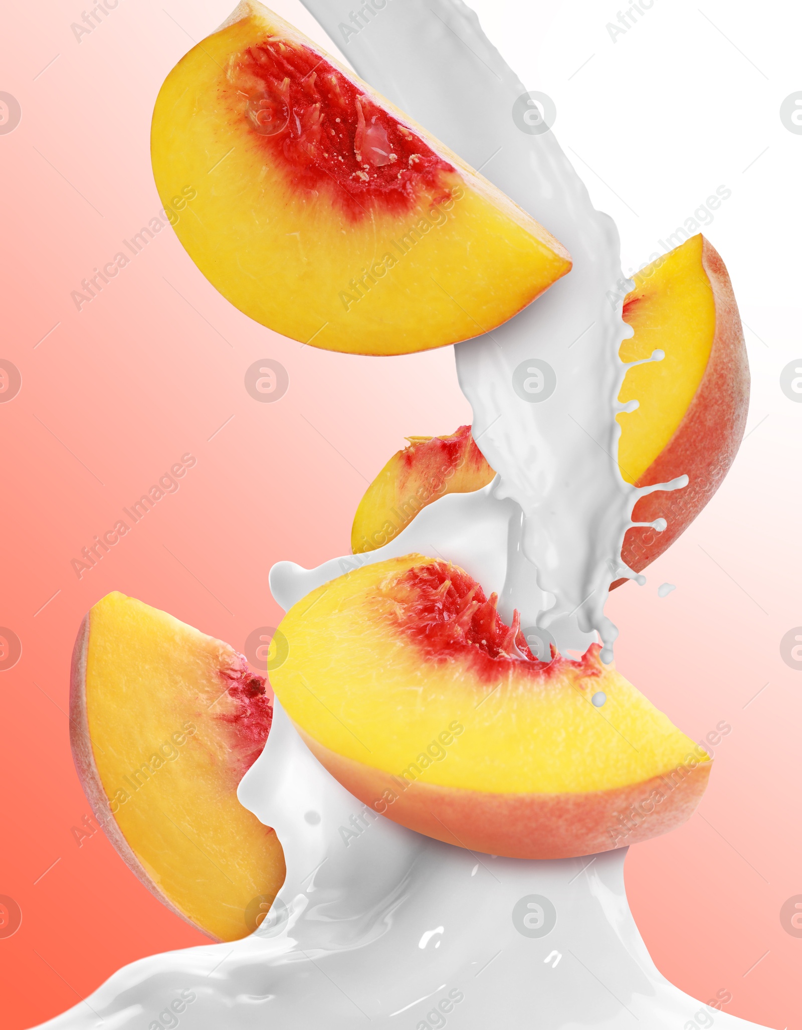 Image of Milkshake with fresh peach pieces on red gradient background