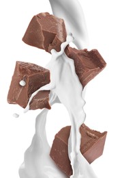 Image of Milkshake with pieces of chocolate on white background