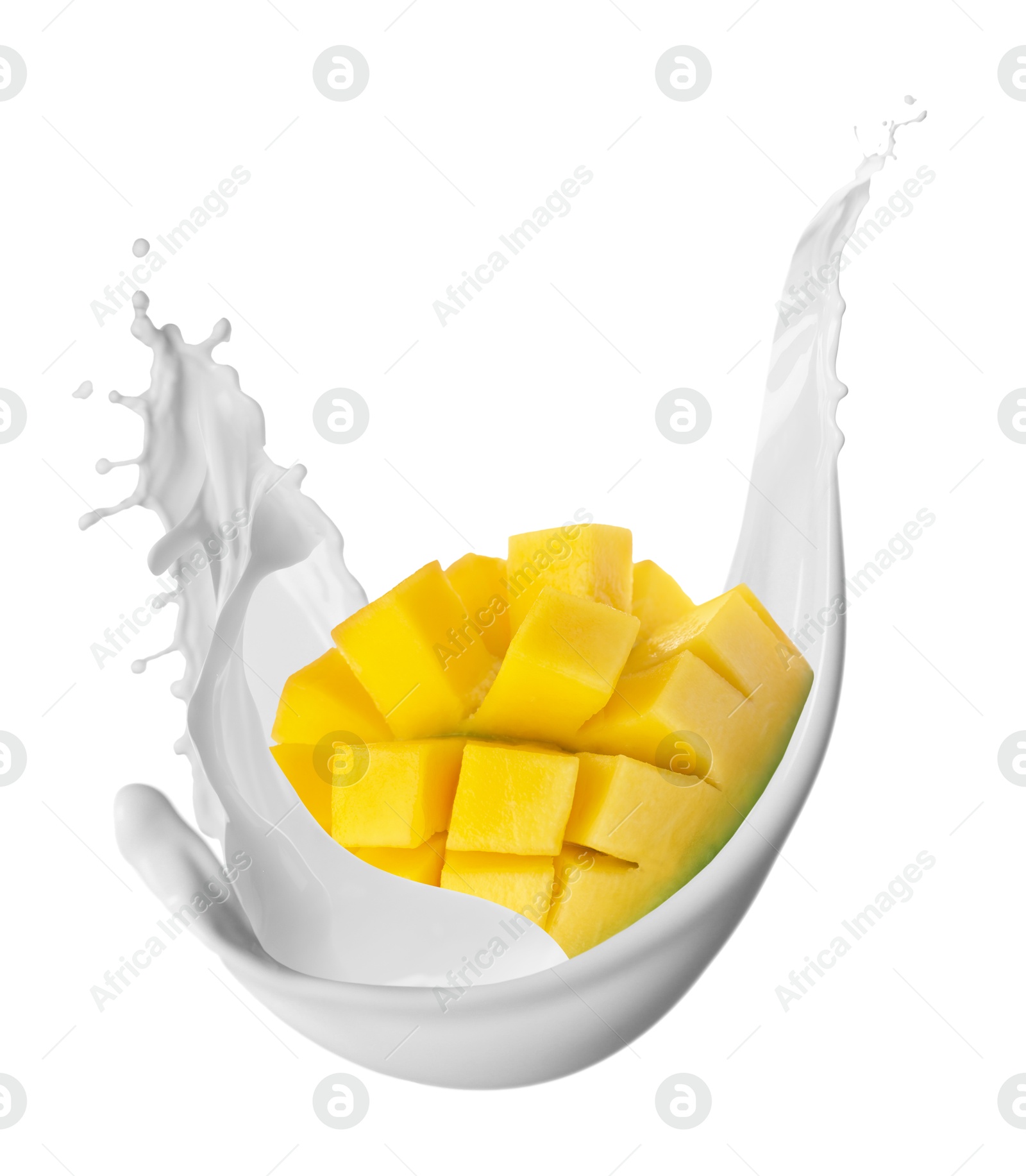 Image of Milkshake with fresh sliced mango on white background