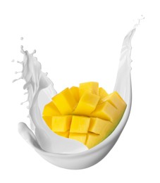 Image of Milkshake with fresh sliced mango on white background