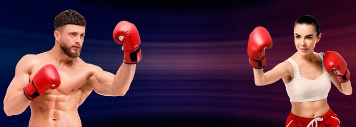 Image of Man and woman wearing boxing gloves on color gradient background. Banner design with space for text