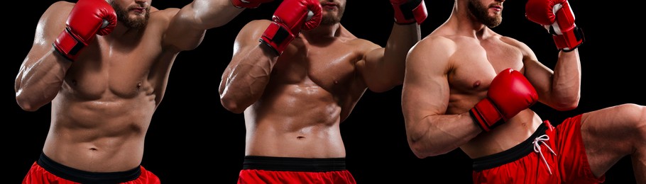 Fighter practicing in boxing gloves on black background, closeup. Collage of photos, banner design