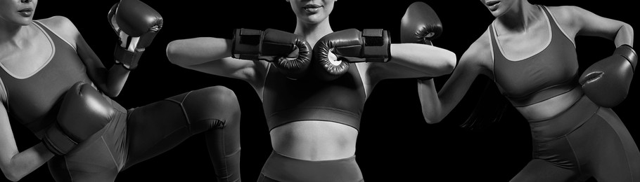 Woman practicing in boxing gloves, closeup. Collage of photos, black-and-white toning. Banner design