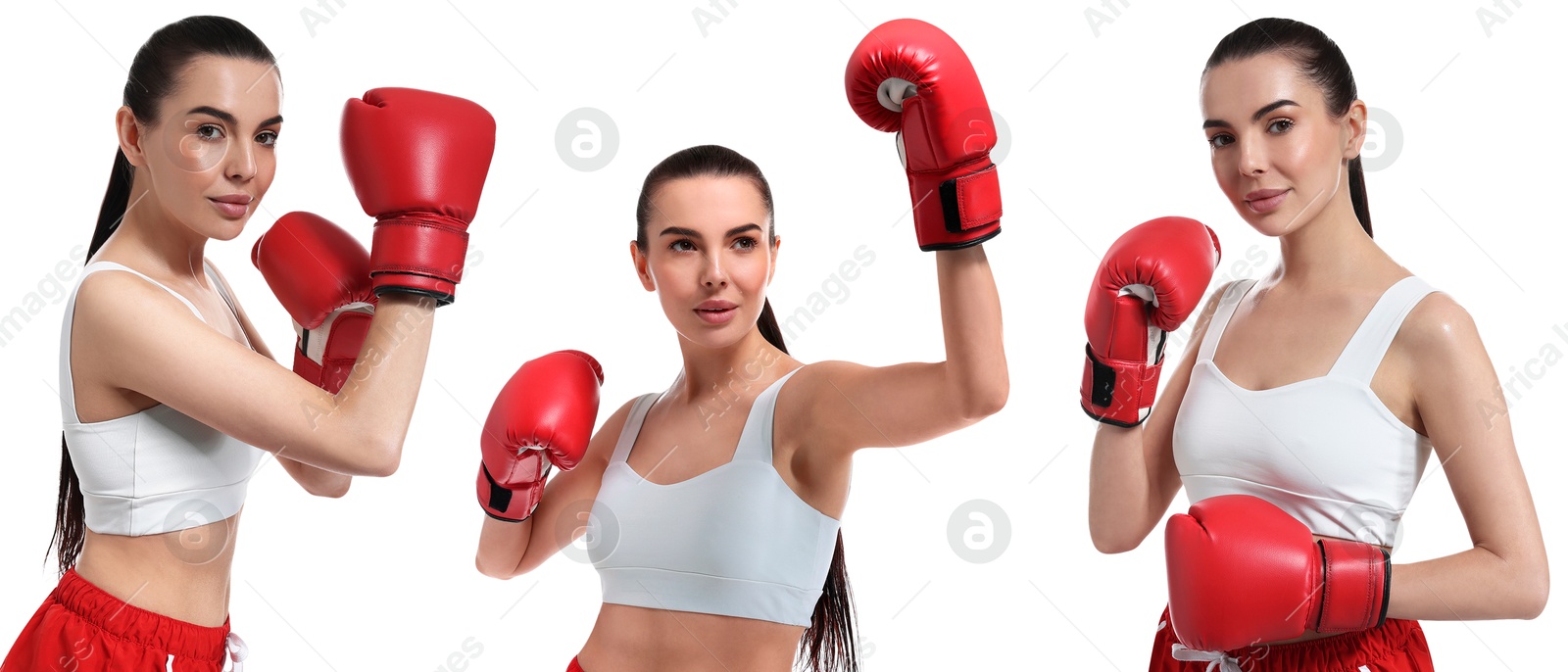 Image of Fighter wearing boxing gloves on white background. Collage of photos, banner design