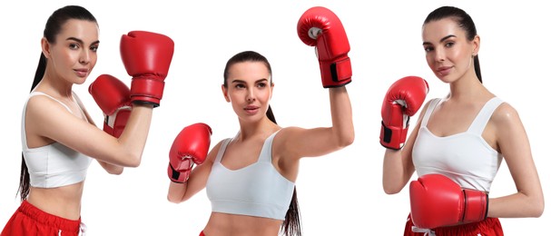 Image of Fighter wearing boxing gloves on white background. Collage of photos, banner design