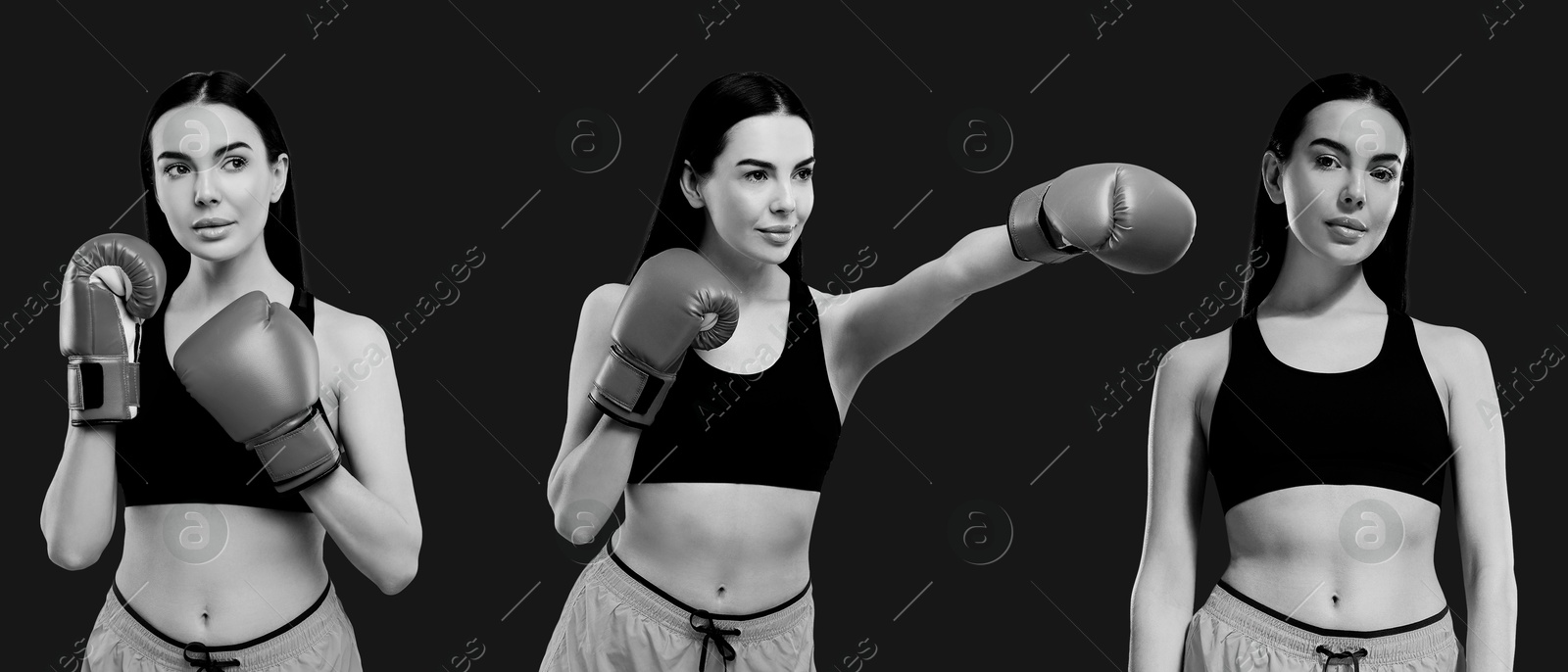 Image of Fighter wearing boxing gloves, black-and-white toning. Collage of photos, banner design