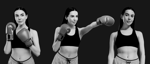 Fighter wearing boxing gloves, black-and-white toning. Collage of photos, banner design