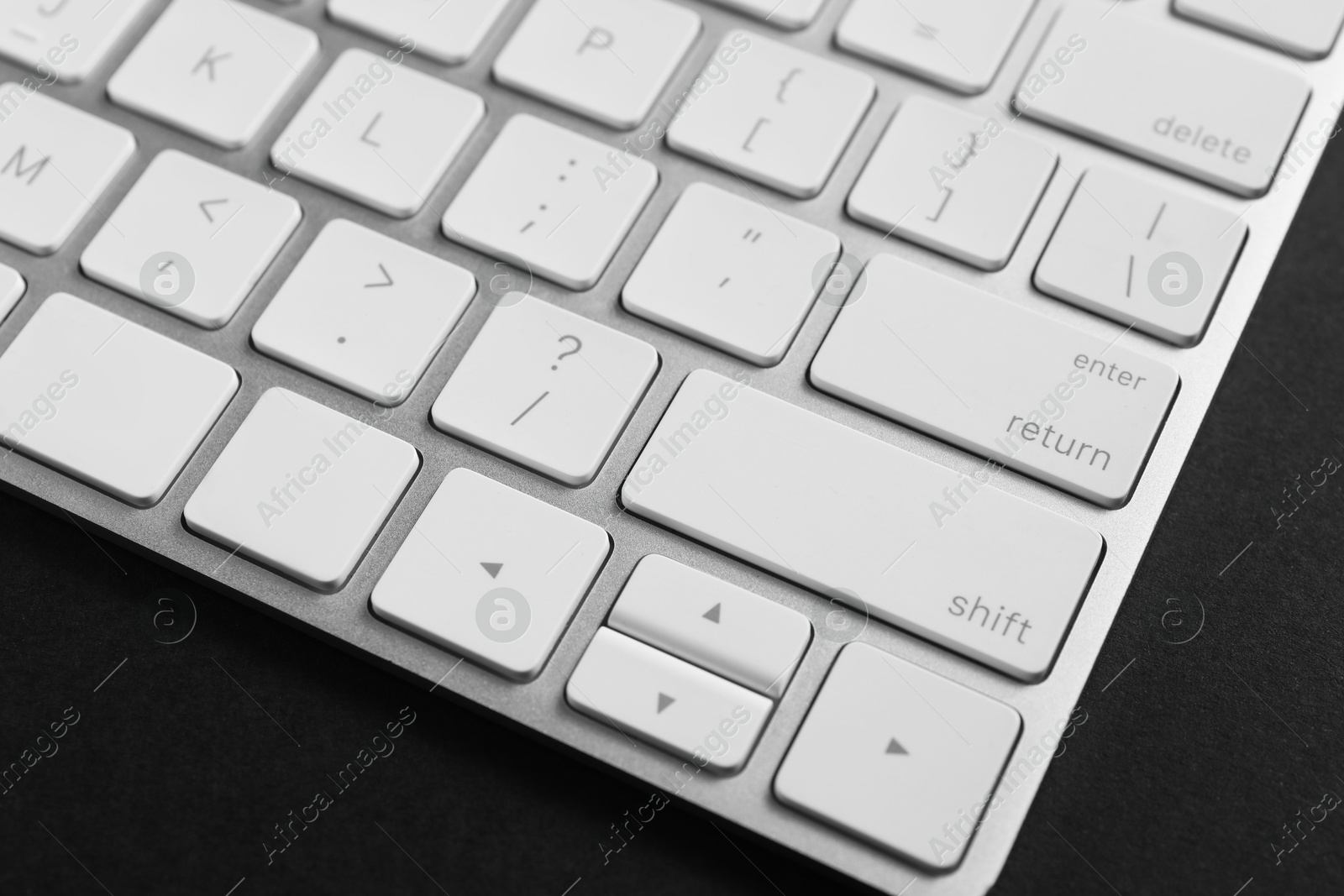 Photo of Technical support concept. Modern keyboard on black background, closeup