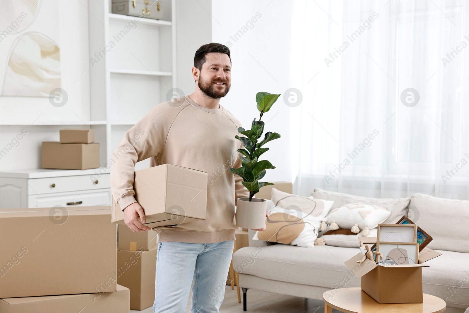 Photo of Moving day. Man with cardboard box and houseplant in his new home