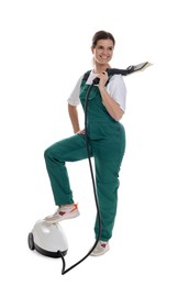 Smiling cleaning service worker with steam cleaner on white background