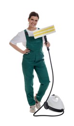 Smiling cleaning service worker with steam cleaner on white background