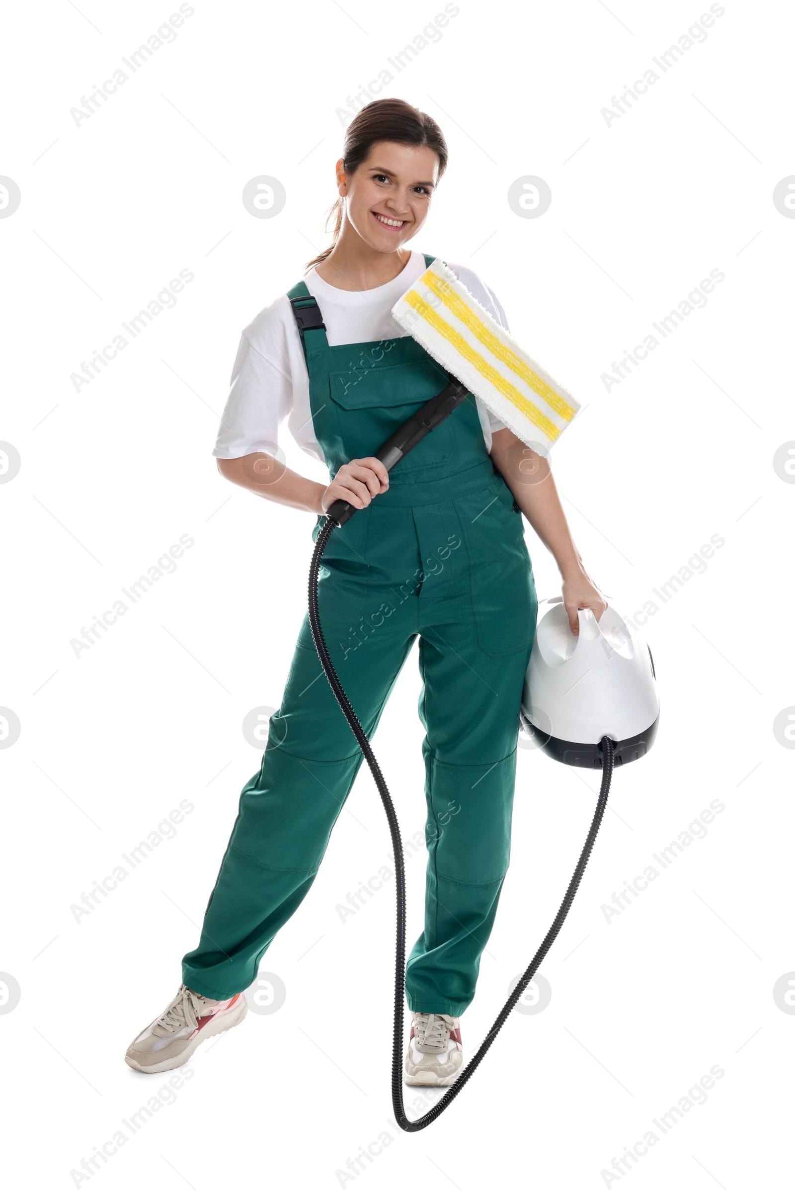 Photo of Smiling cleaning service worker with steam cleaner on white background