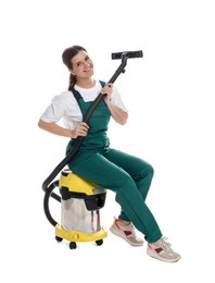 Photo of Smiling cleaning service worker with vacuum cleaner on white background