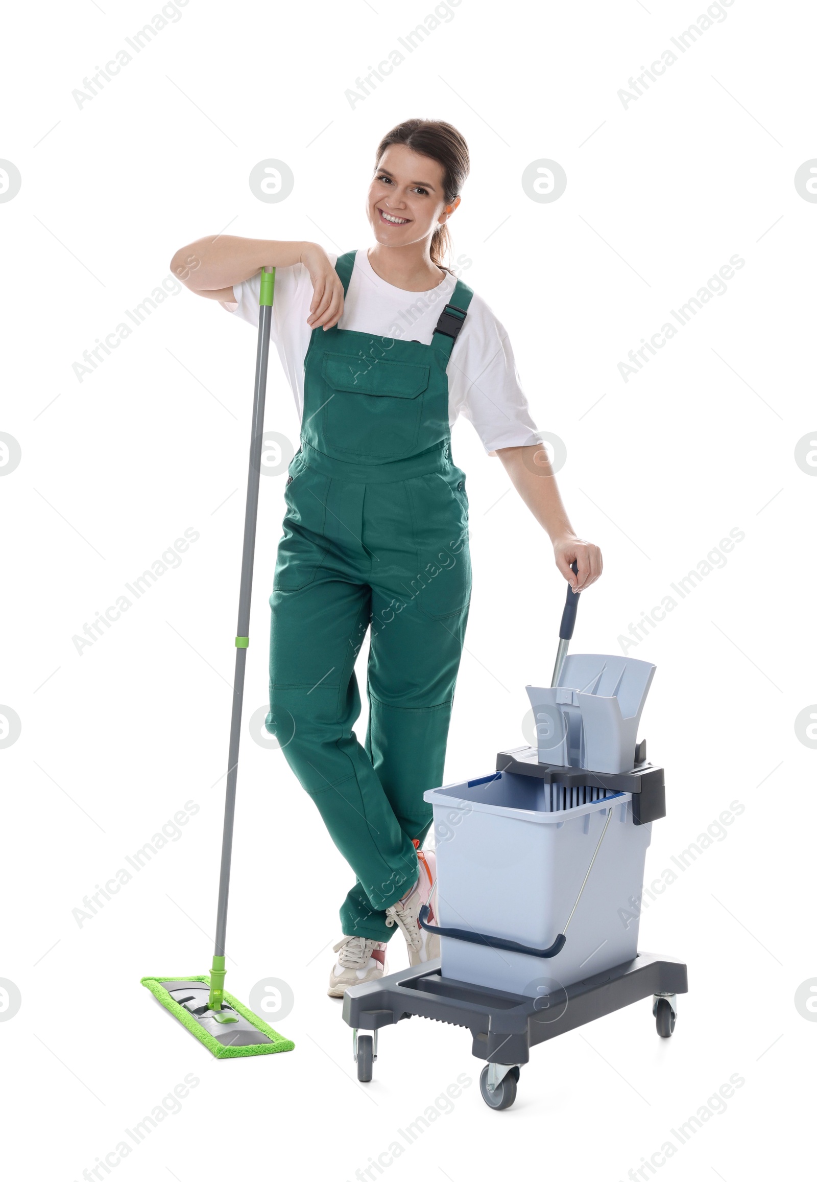 Photo of Smiling cleaning service worker with supplies on white background