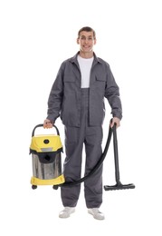 Smiling cleaning service worker with vacuum cleaner on white background