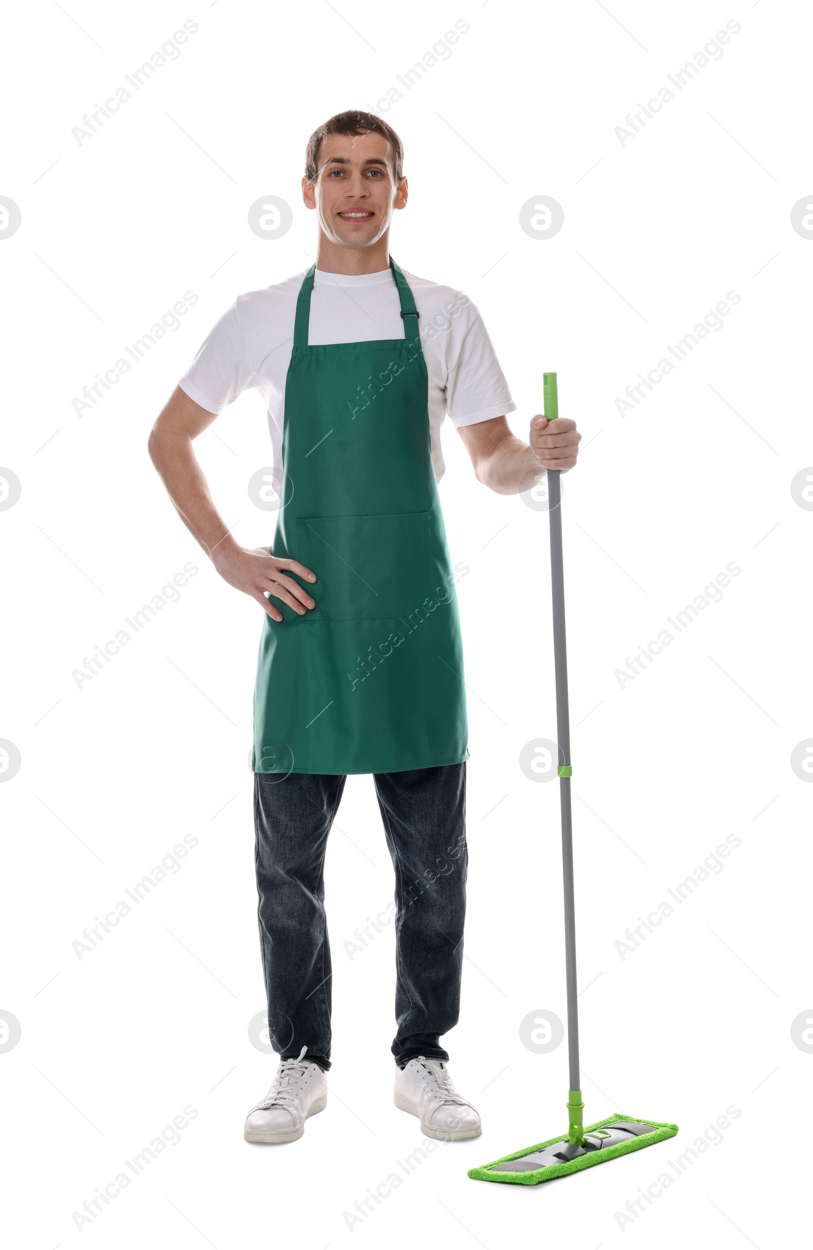 Photo of Smiling cleaning service worker with mop on white background