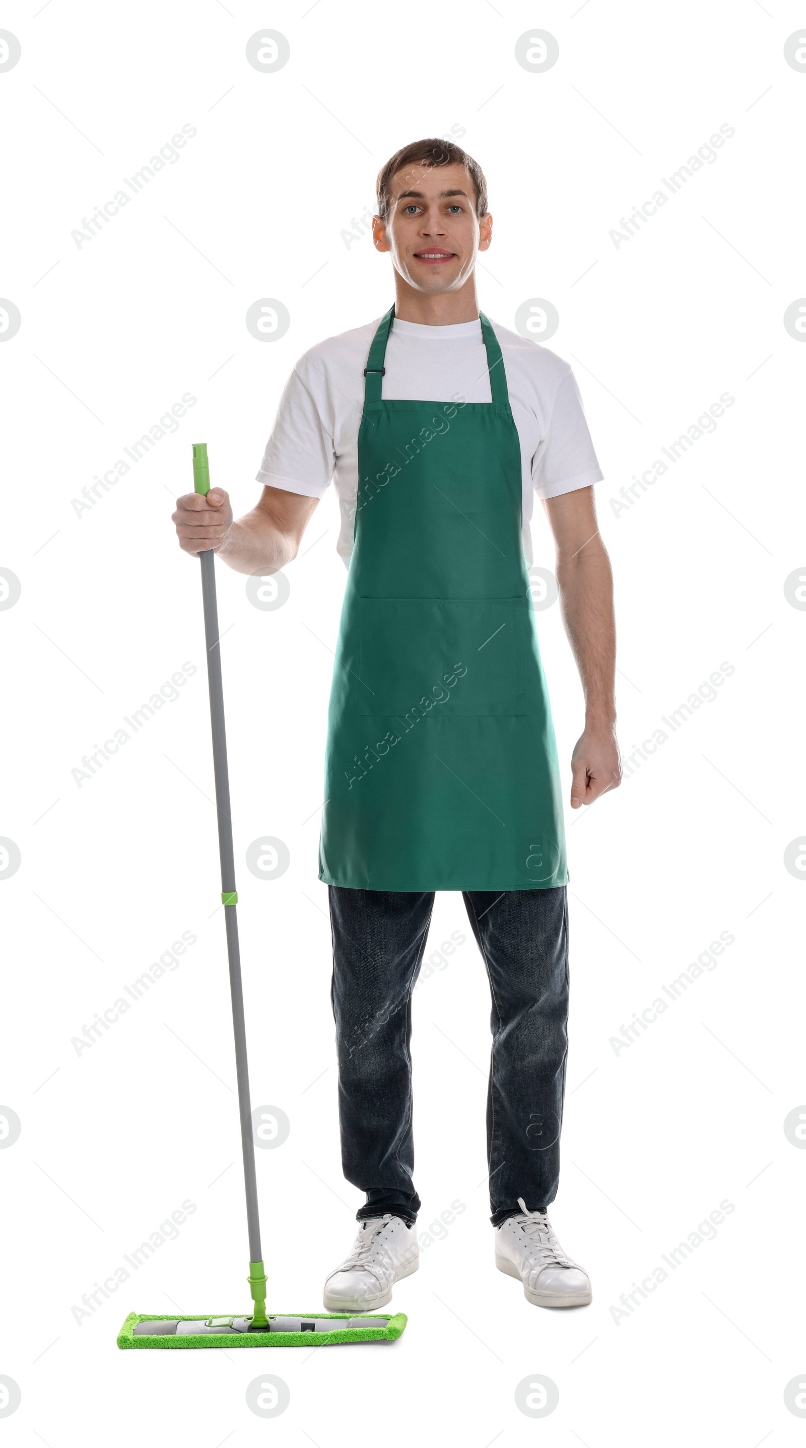 Photo of Smiling cleaning service worker with mop on white background