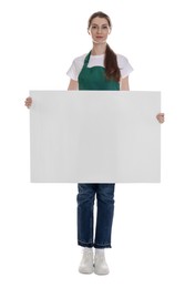 Photo of Cleaning service worker with sheet of paper on white background. Space for text