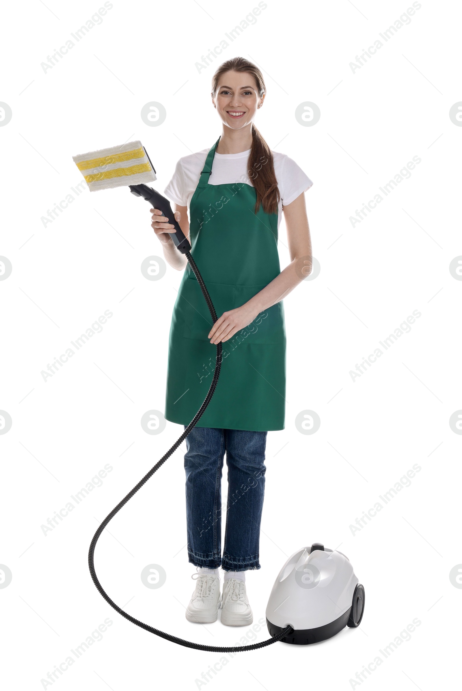 Photo of Smiling cleaning service worker with steam cleaner on white background