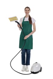 Photo of Smiling cleaning service worker with steam cleaner on white background